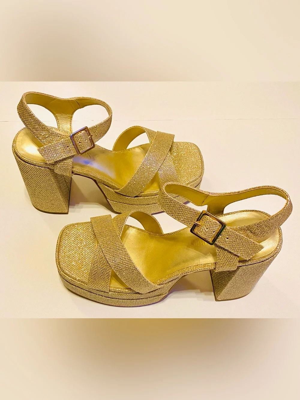DREAM PAIRS-Size 9-Sparkle Gold Peep Toe Platform Ankle Strap Chunky Heels, NEW